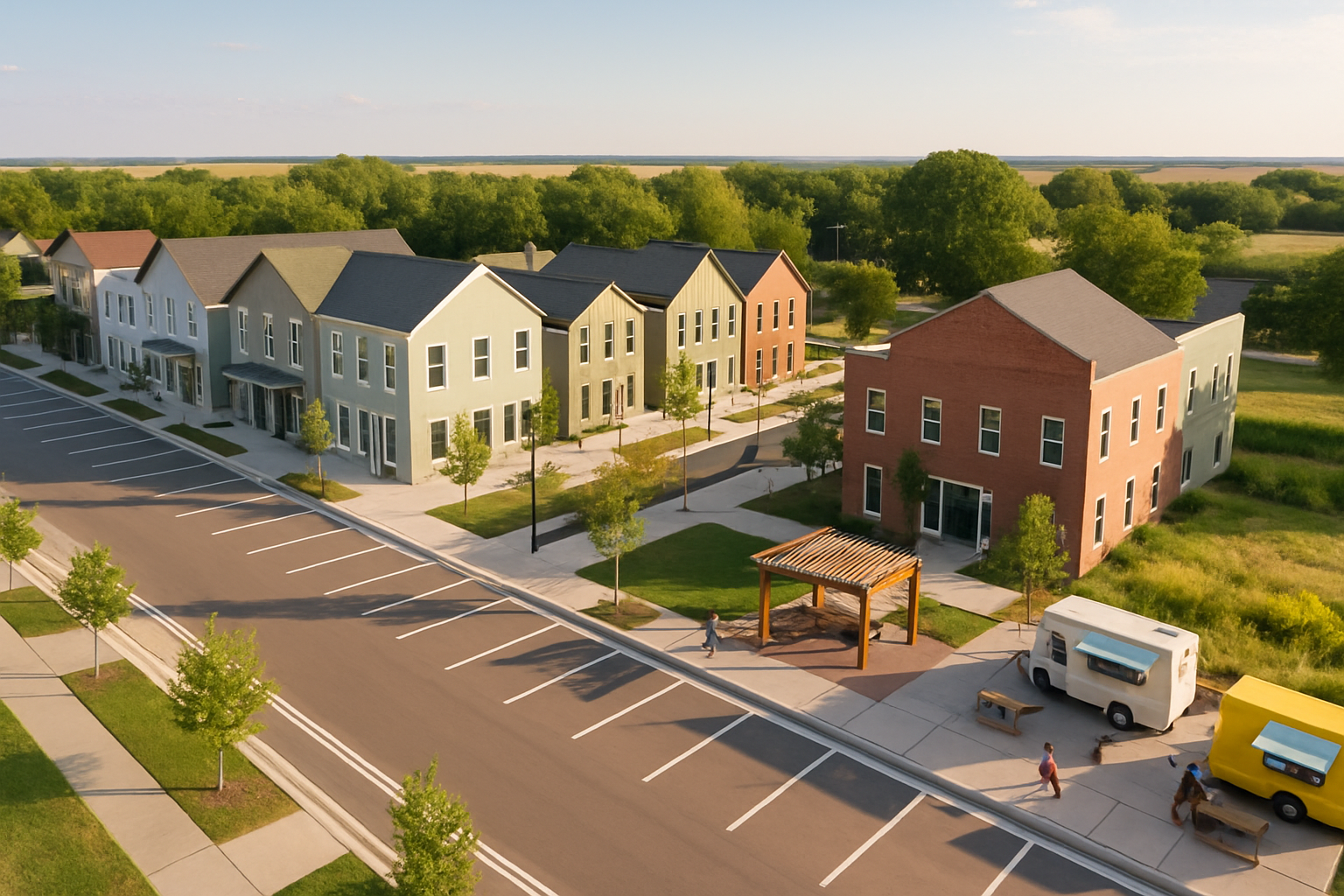 Aerial view of Legacy Village mixed-use development with colorful townhomes and community spaces
